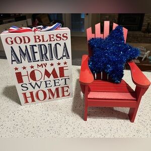 Paired Patriotic Decor - Red Miniature Chair with Blue Star Decoration + Signage